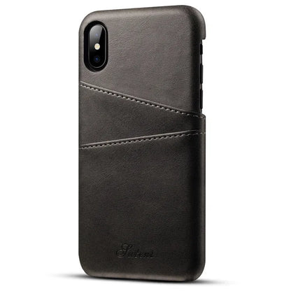 Slim black PU leather wallet case for phone showing two card slots and raised protective edges.