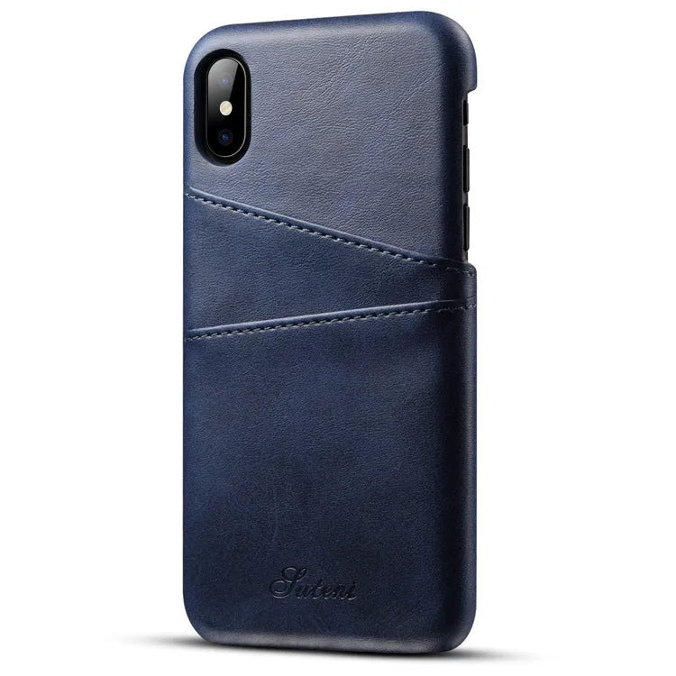 Slim black PU leather wallet case for phone showing two card slots and raised protective edges.