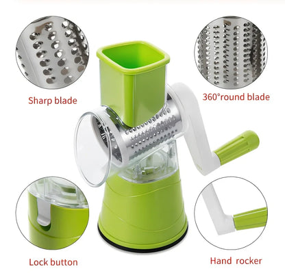 Blue hand drum rotary grater with stainless steel blades for cutting vegetables