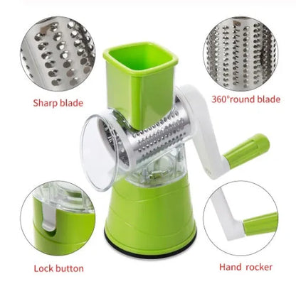 Hand drum rotary grater with handle and food-grade stainless steel blades, shown in Blue, Green or Red for cutting carrots and potatoes.