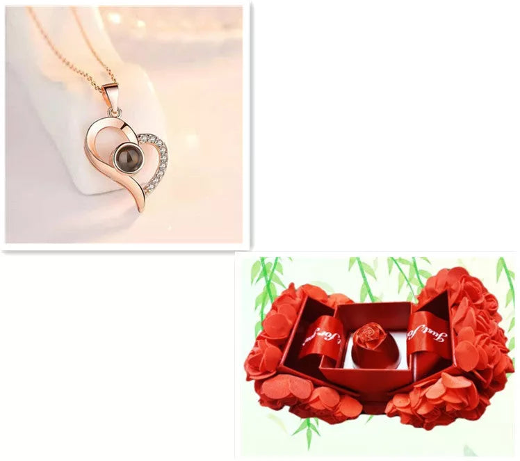 Valentine's Day metal rose jewelry gift box necklace with adjustable crystal design
