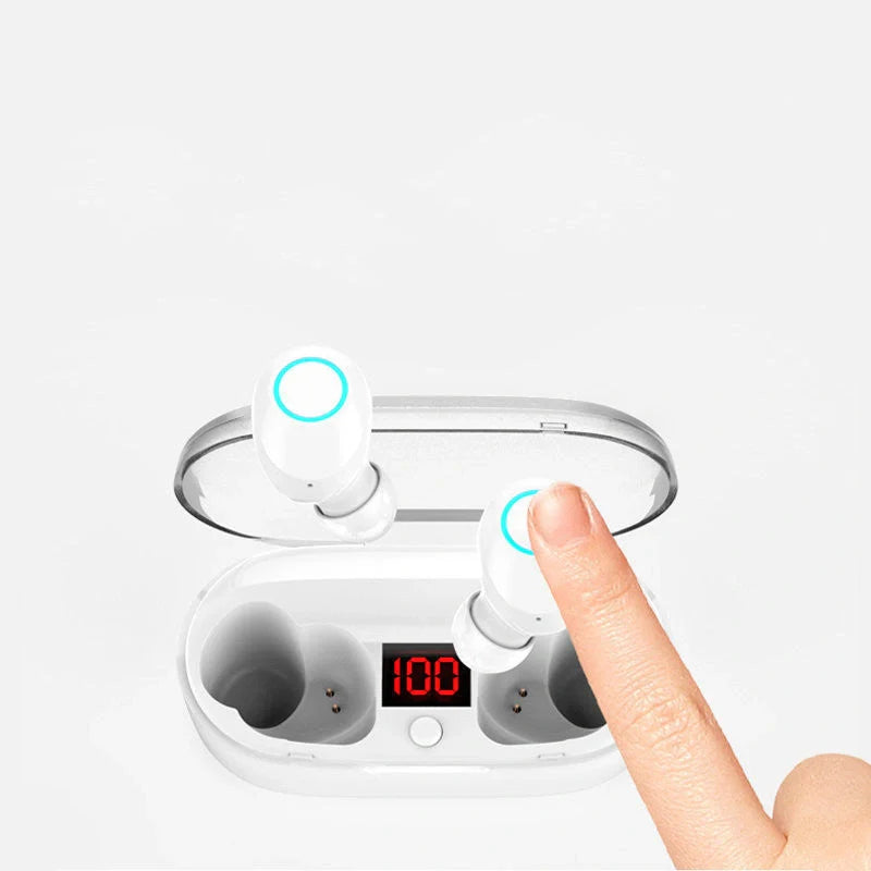 J29Tws Bluetooth headset in red, blue, black, and white with digital display