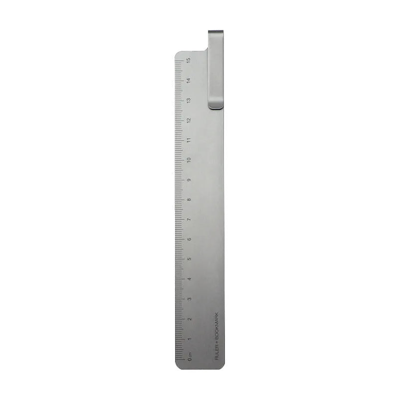 Aluminum bookmark ruler showing 15cm scale with laser-engraved markings in retro design