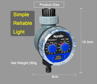 Automatic battery-powered garden water timer with digital display attached to a silver indoor faucet.