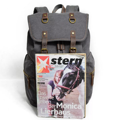 Men's casual canvas backpack with leather accents, dimensions 28x15x43cm