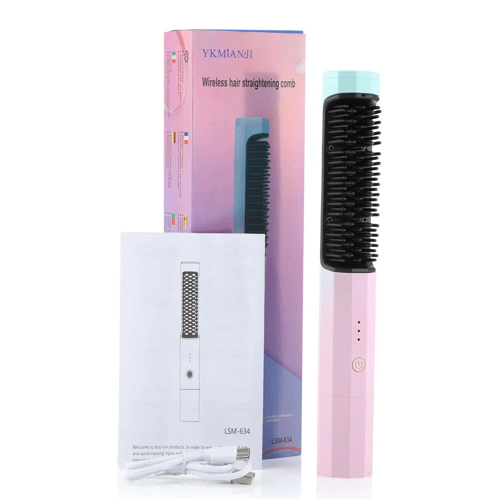 Cordless hair straightening brush with adjustable temperature settings, anti-scalding design, and high-capacity rechargeable battery for convenient, salon-quality styling.