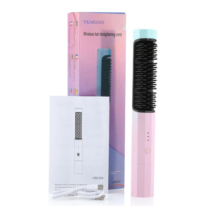 Cordless hair straightening brush with adjustable temperature settings, anti-scalding design, and high-capacity rechargeable battery for convenient, salon-quality styling.