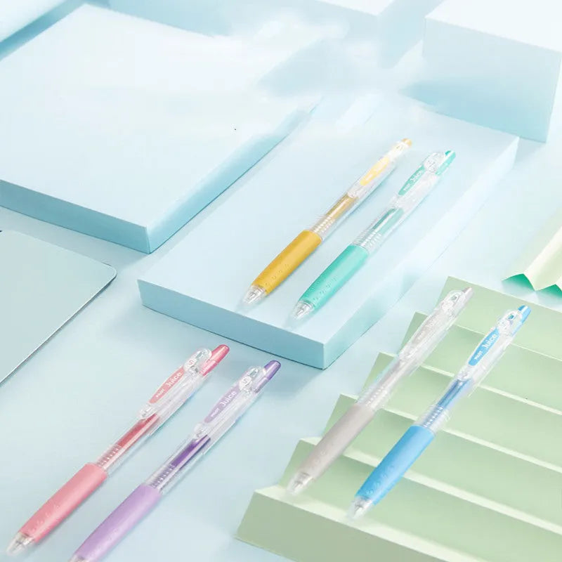 Baiguole 0.5mm gel pen showing examples from its metallic, fluorescent, and tender colour collections.