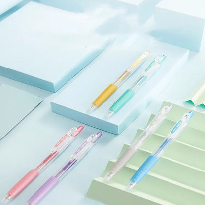 Baiguole 0.5mm gel pen showing examples from its metallic, fluorescent, and tender colour collections.
