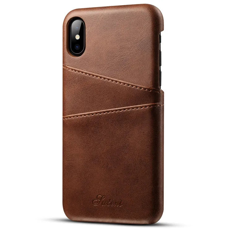 Slim black PU leather wallet case for phone showing two card slots and raised protective edges.