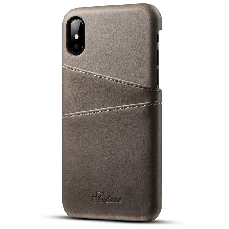 Slim black PU leather wallet case for phone showing two card slots and raised protective edges.