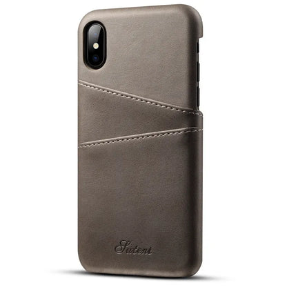 Slim black PU leather wallet case for phone showing two card slots and raised protective edges.