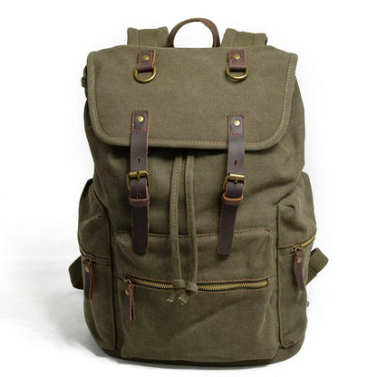 Men's casual canvas backpack with leather accents, dimensions 28x15x43cm