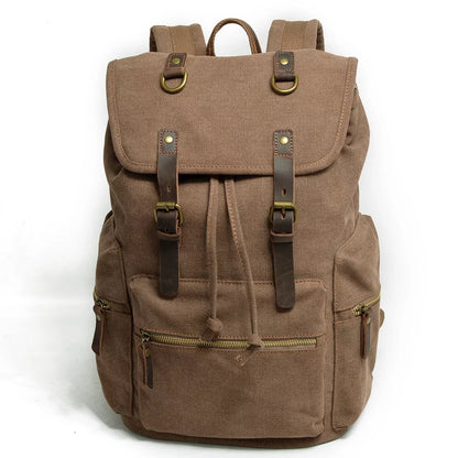Men's casual canvas backpack with leather accents, dimensions 28x15x43cm