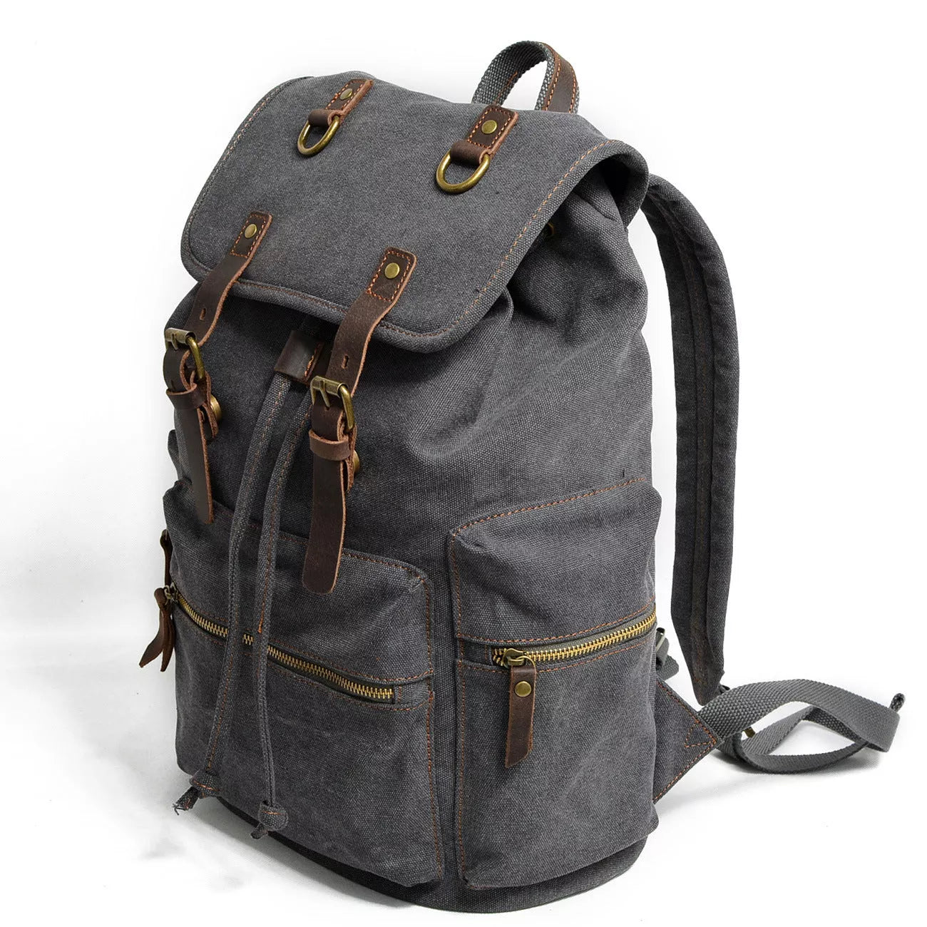 Men's casual canvas backpack with leather accents, dimensions 28x15x43cm