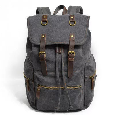 Men's casual canvas backpack with leather accents, dimensions 28x15x43cm