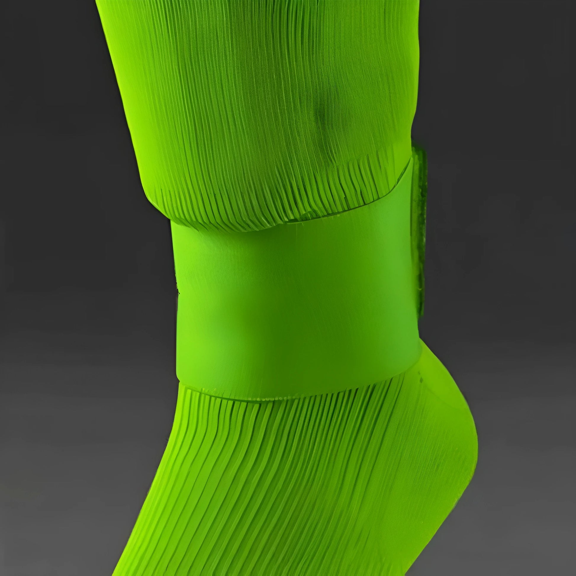 Rubber shin guard strap for football in red, shown securing a shin pad.