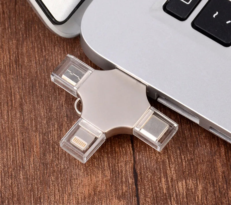 Metal Mobile Phone U Disk 4-in-1 USB 3.0 Flash Drive with iOS Micro USB Type-C and USB Ports for Data Transfer Between Mobile and Computer 16GB 32GB 64GB 128GB Silver Black Rose Gold