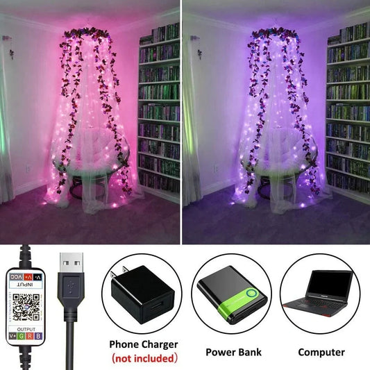 Programmable LED Christmas tree lights with app control showing custom colour animations on festive tree