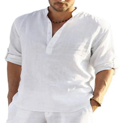Men's light blue cotton linen long sleeve shirt with stand collar, button front, and rolled-up sleeves