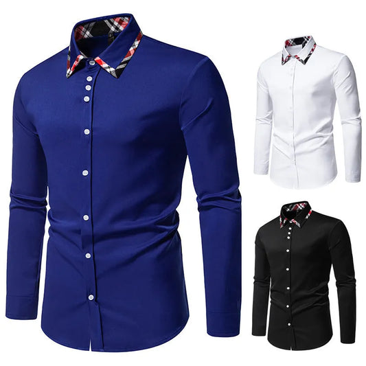 Men's plaid long sleeve shirt with triangle collar in blue, black, or white, showing contrast colour details and casual style.