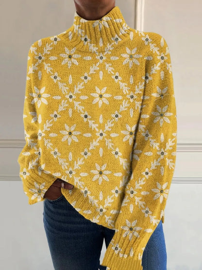 3D floral high neck long sleeve pullover sweater in wool woven fabric and polyester, sizes XXS to XXXL