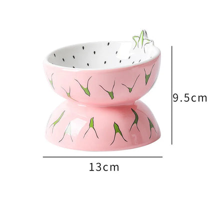 Ceramic raised cat bowl with tilted design in fruit pattern colours