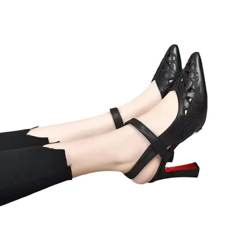 Women's pointed toe backless sandals in red with a hollowed toe box and high heel