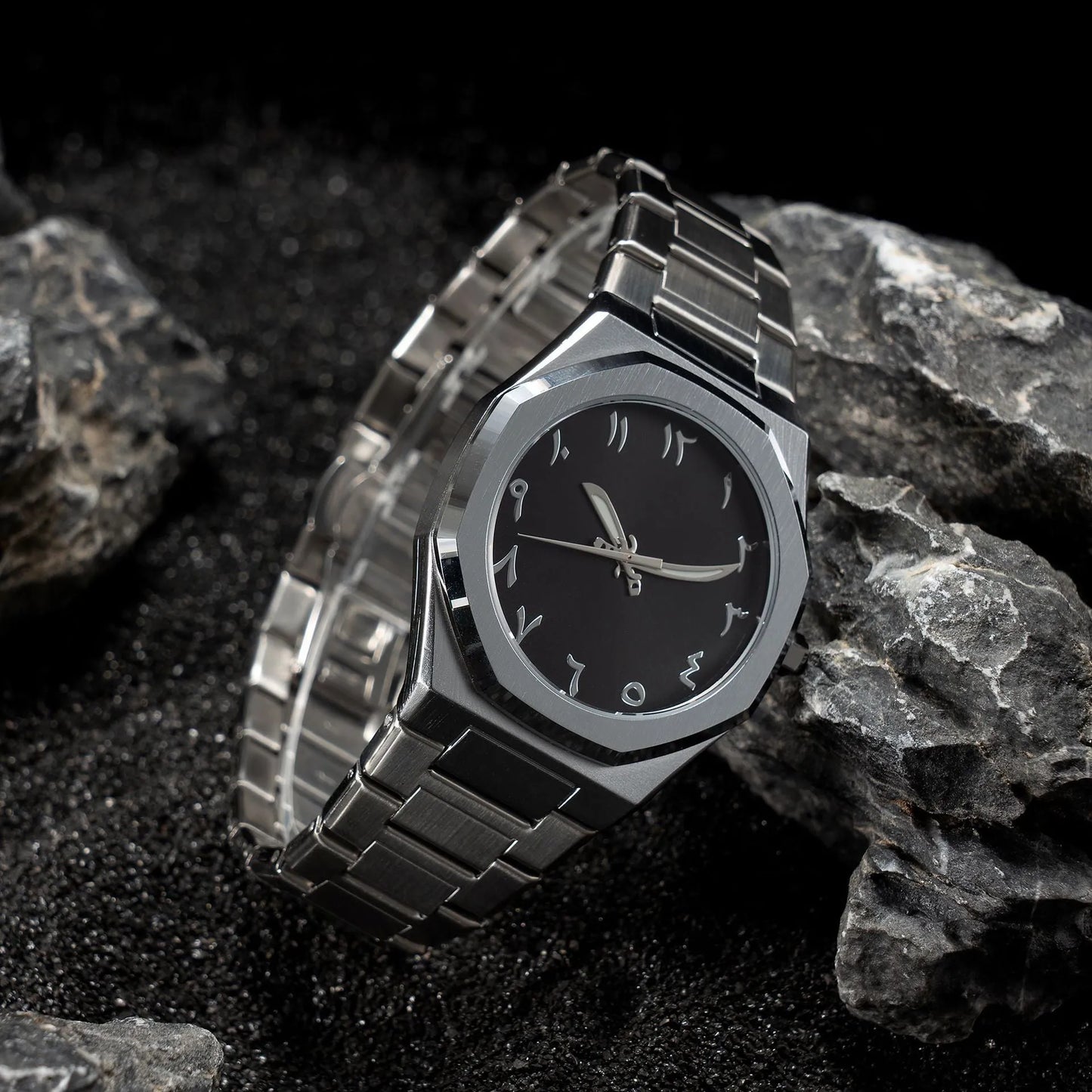 Men's business casual steel belt quartz watch showing 10mm profile and black silver colour option.