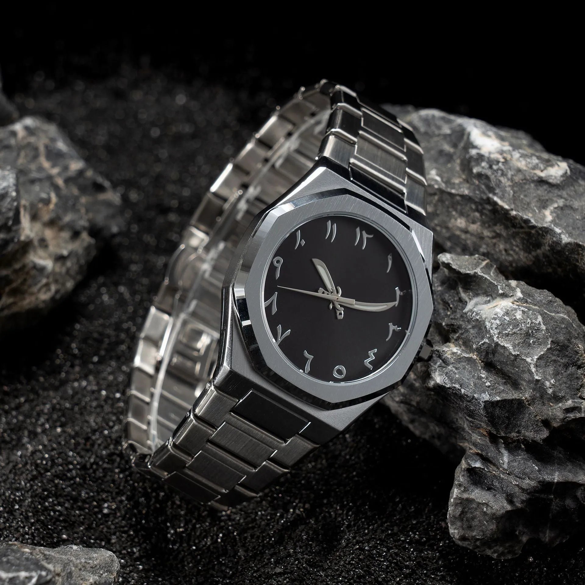 Men's business casual steel belt quartz watch showing 10mm profile and black silver colour option.