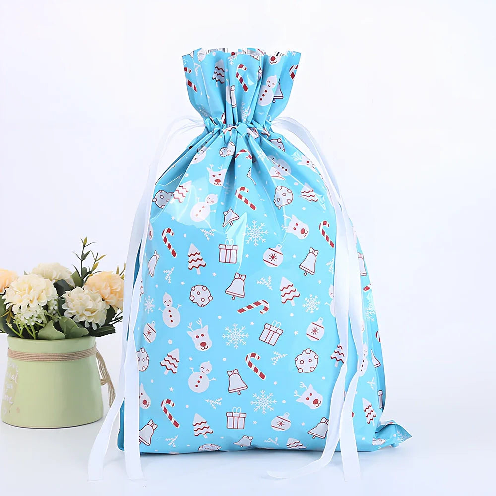 Christmas gift bag with drawstring closure in laser gold finish, 32x24cm dimensions