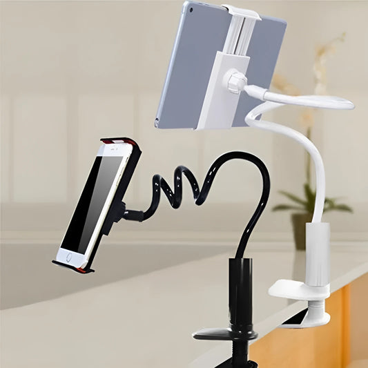 Black flexible mount holder with suction base holding a tablet at an adjustable angle