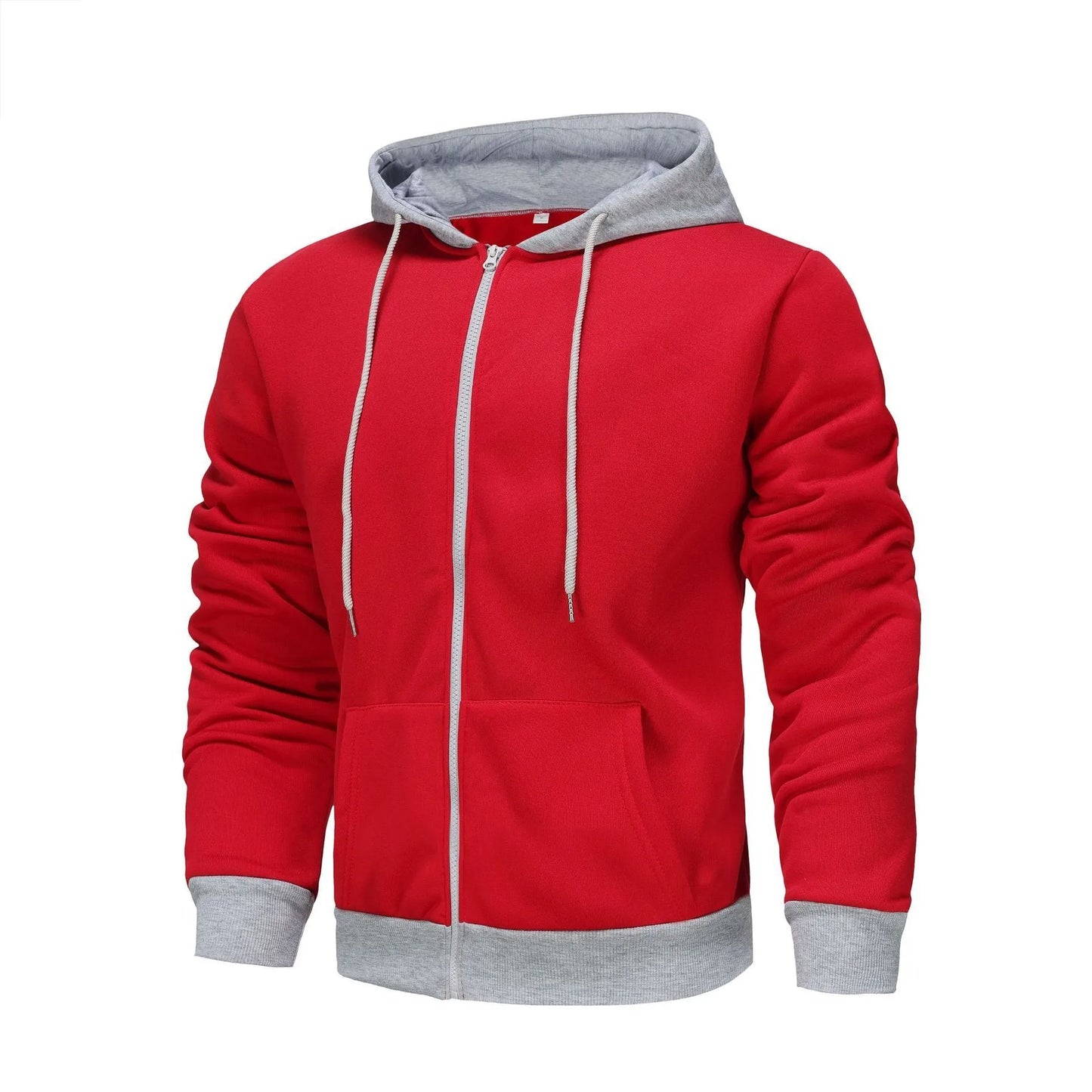 Men's black zip-up hoodie cardigan with a fleece lining, shown with the hood up.