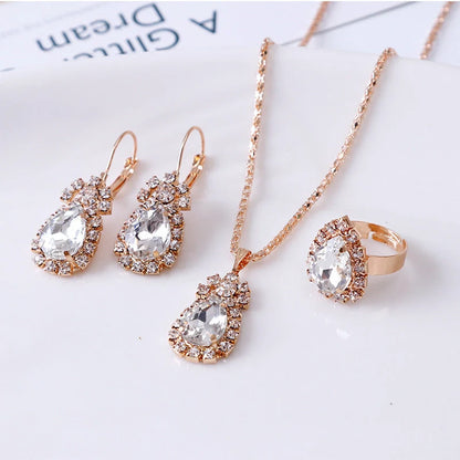 Elegant water drop rhinestone necklace, earrings, and ring set in various colors