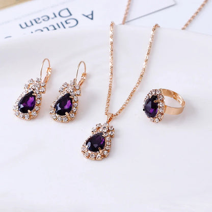 Elegant water drop rhinestone necklace, earrings, and ring set in various colors