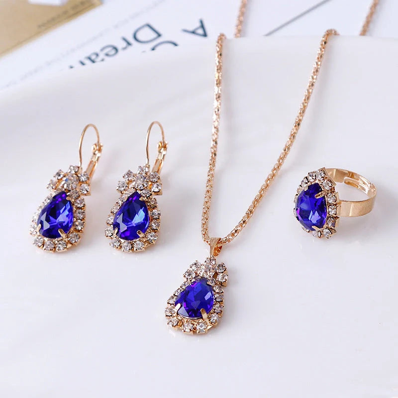 Elegant water drop rhinestone necklace, earrings, and ring set in various colors