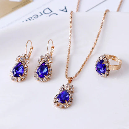 Elegant water drop rhinestone necklace, earrings, and ring set in various colors