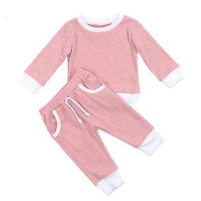 Girls' linen jacket and trousers set in brown, green, pink, or white, sizes 6M to 4T