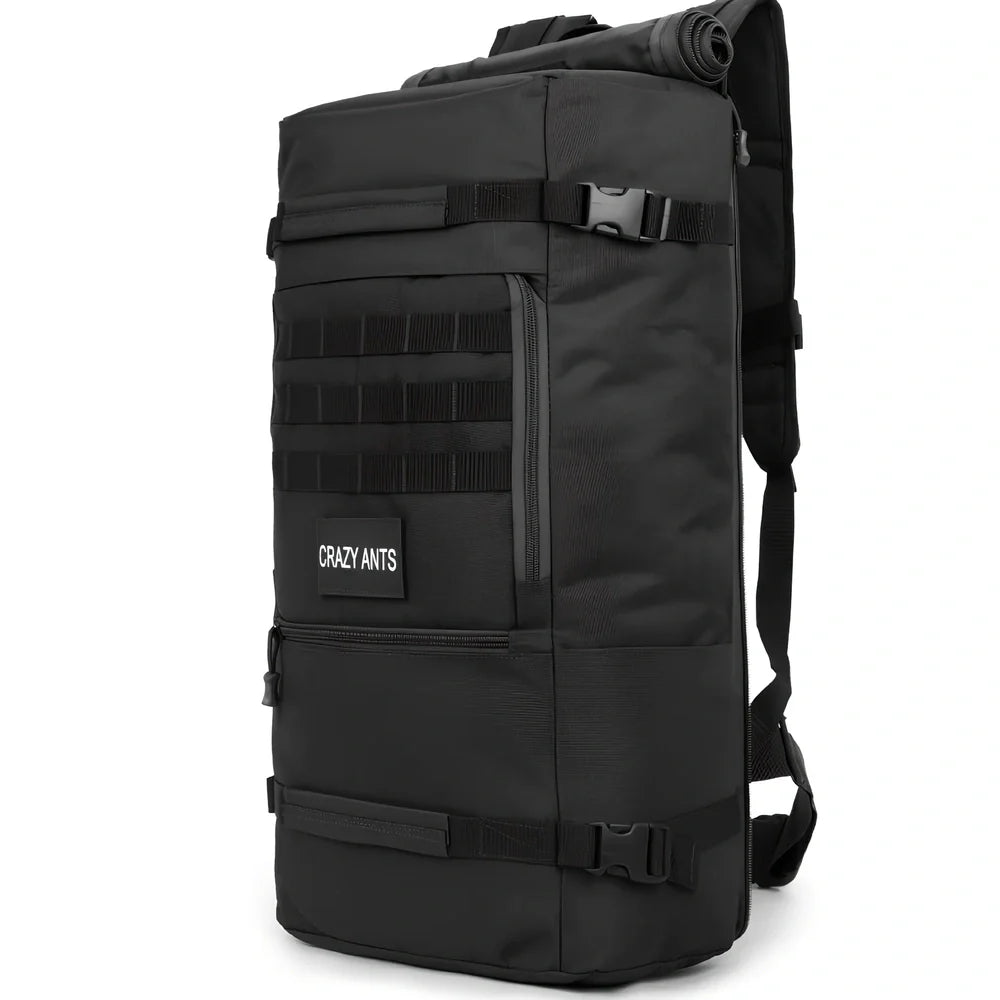 Camouflage tactical backpack with multiple compartments and MOLLE webbing on front and sides