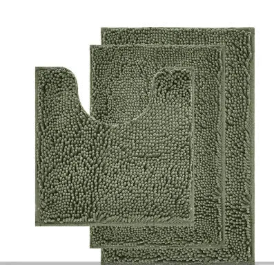 Chenille three-piece bathroom carpet set with U-shaped toilet mat, TPR backing, in green colour variations