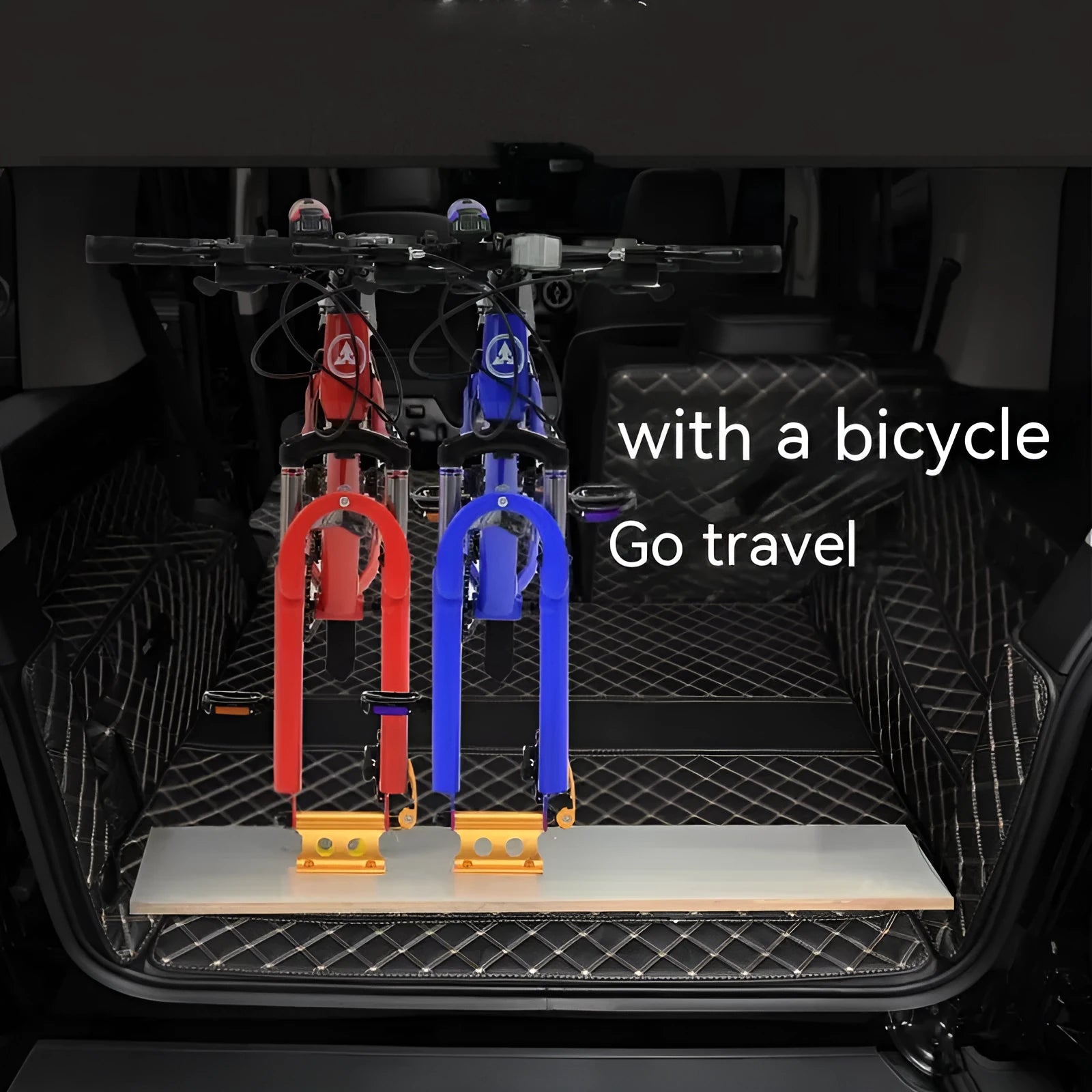 Silver metal quick-release clamp for attaching a bicycle front fork to a vehicle rack.