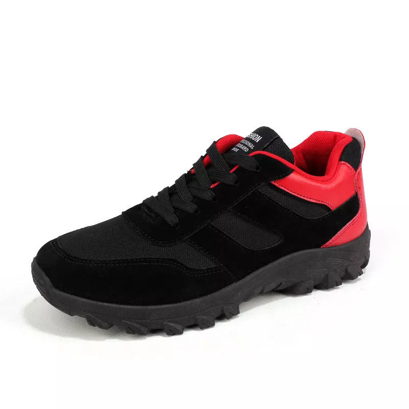 Korean leisure shoes for men in black, red, and blue colors, lightweight and durable for sports and hiking