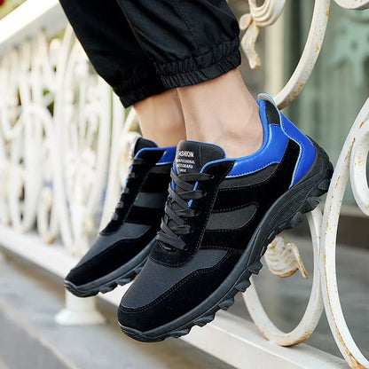 Korean leisure shoes for men in black, red, and blue colors, lightweight and durable for sports and hiking