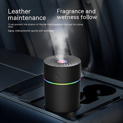 Compact car USB humidifier with aromatherapy function, showing plug-in and battery models in black and white colours
