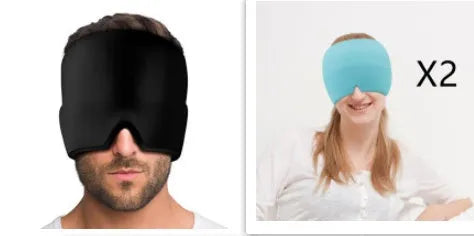Black elastic cooling gel eye mask for headache relief placed on a forehead.