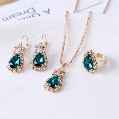 Elegant water drop rhinestone necklace, earrings, and ring set in various colors