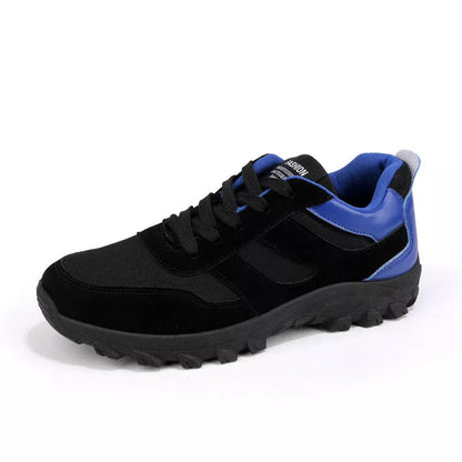 Korean leisure shoes for men in black, red, and blue colors, lightweight and durable for sports and hiking