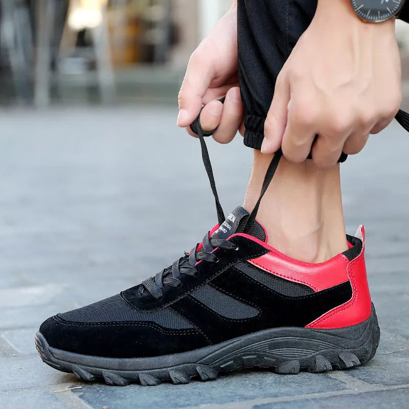 Korean leisure shoes for men in black, red, and blue colors, lightweight and durable for sports and hiking