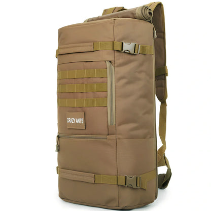 Camouflage tactical backpack with multiple compartments and MOLLE webbing on front and sides