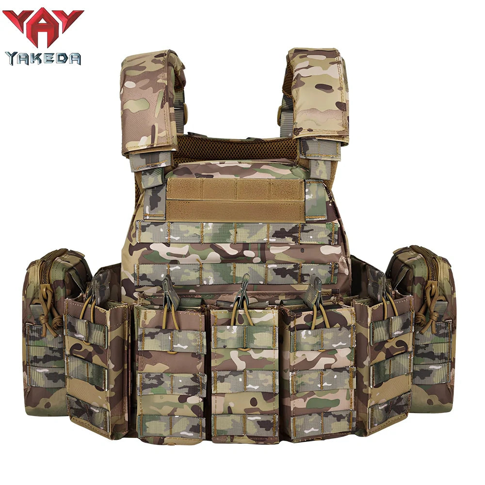Combat camouflage tactical vest with adjustable waist showing 600D polyester construction and multiple pattern options